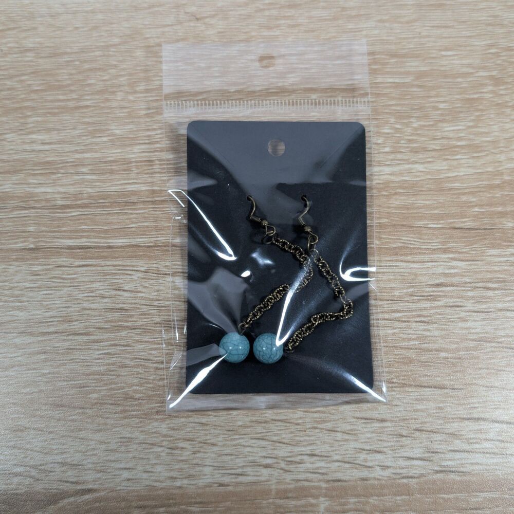 Blue Crackle Bead Chain Dangle Earrings Bronze Tone Boho Not New